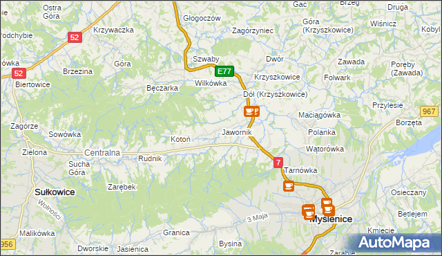 mapa Jawornik gmina Myślenice, Jawornik gmina Myślenice na mapie Targeo