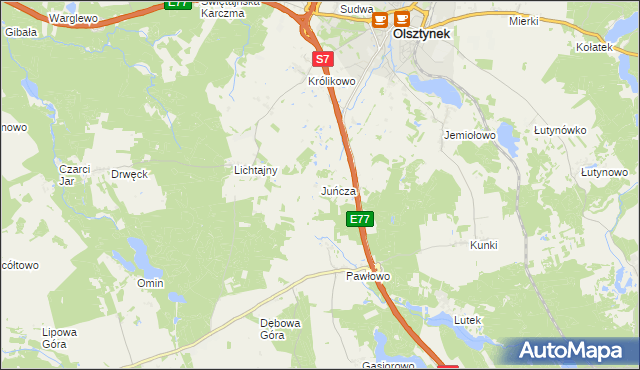 mapa Juńcza gmina Olsztynek, Juńcza gmina Olsztynek na mapie Targeo