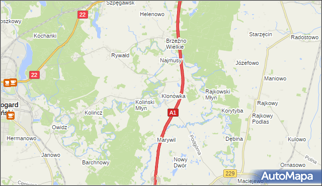 mapa Klonówka gmina Starogard Gdański, Klonówka gmina Starogard Gdański na mapie Targeo