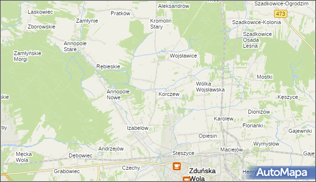 mapa Korczew gmina Zduńska Wola, Korczew gmina Zduńska Wola na mapie Targeo