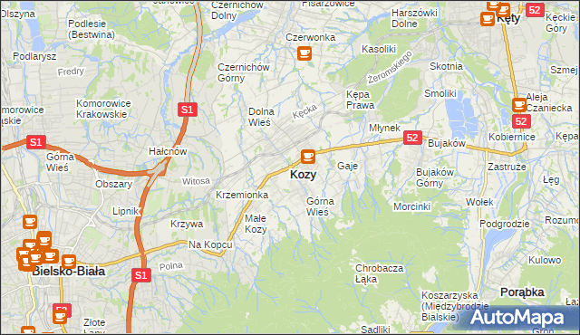 mapa Kozy powiat bielski, Kozy powiat bielski na mapie Targeo