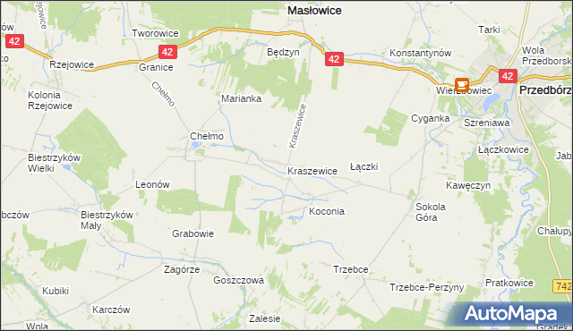 mapa Kraszewice gmina Masłowice, Kraszewice gmina Masłowice na mapie Targeo