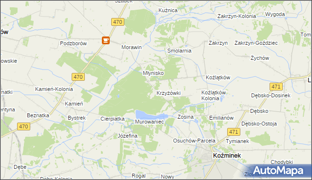 mapa Krzyżówki gmina Koźminek, Krzyżówki gmina Koźminek na mapie Targeo