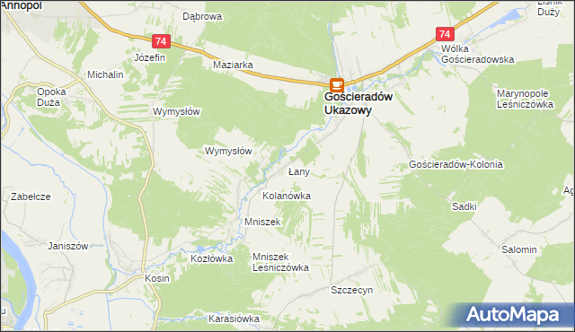 mapa Łany gmina Gościeradów, Łany gmina Gościeradów na mapie Targeo