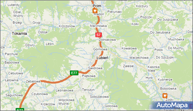 mapa Lubień powiat myślenicki, Lubień powiat myślenicki na mapie Targeo