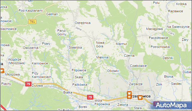 mapa Miękinia gmina Krzeszowice, Miękinia gmina Krzeszowice na mapie Targeo