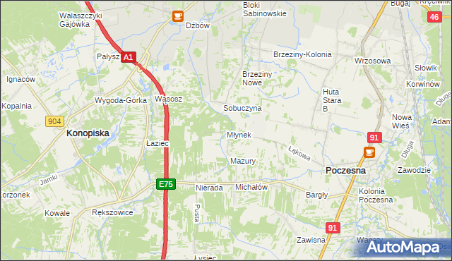 mapa Młynek gmina Poczesna, Młynek gmina Poczesna na mapie Targeo