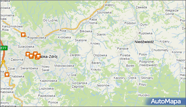 mapa Olszówka gmina Mszana Dolna, Olszówka gmina Mszana Dolna na mapie Targeo