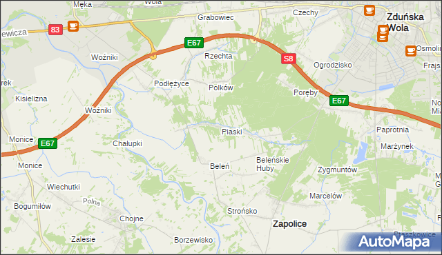 mapa Piaski gmina Zduńska Wola, Piaski gmina Zduńska Wola na mapie Targeo