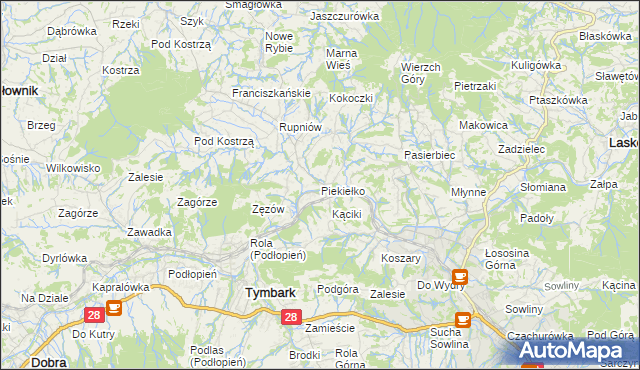 mapa Piekiełko gmina Tymbark, Piekiełko gmina Tymbark na mapie Targeo