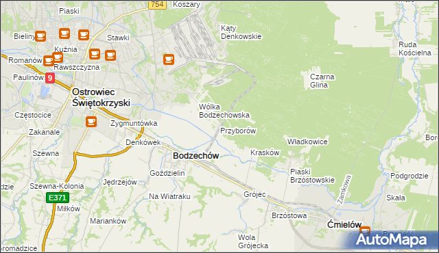 mapa Przyborów gmina Bodzechów, Przyborów gmina Bodzechów na mapie Targeo