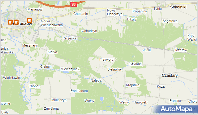 mapa Przywory gmina Czastary, Przywory gmina Czastary na mapie Targeo