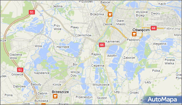mapa Rajsko gmina Oświęcim, Rajsko gmina Oświęcim na mapie Targeo