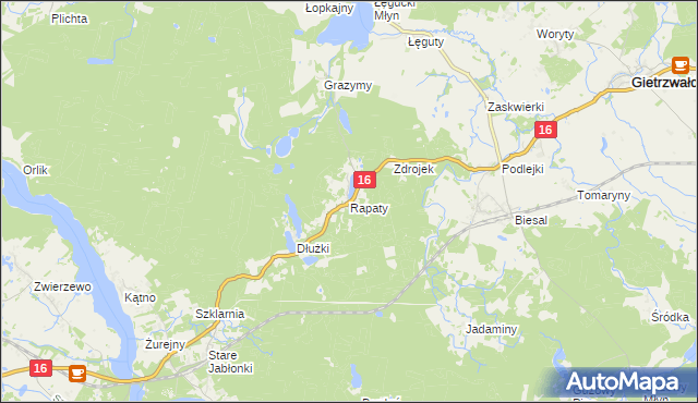 mapa Rapaty gmina Gietrzwałd, Rapaty gmina Gietrzwałd na mapie Targeo