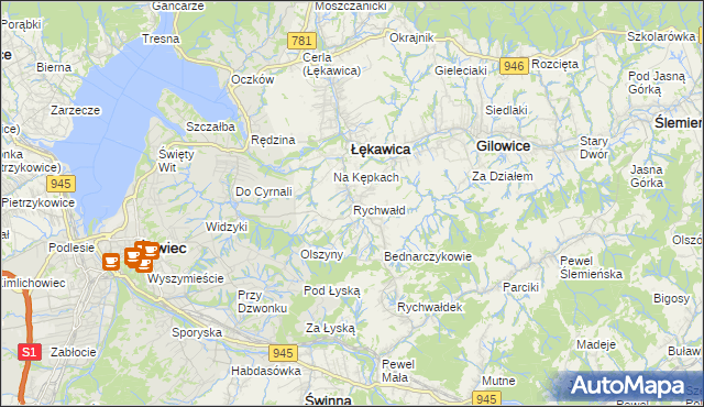mapa Rychwałd gmina Gilowice, Rychwałd gmina Gilowice na mapie Targeo