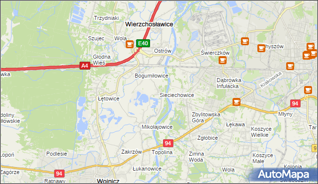 mapa Sieciechowice gmina Wierzchosławice, Sieciechowice gmina Wierzchosławice na mapie Targeo