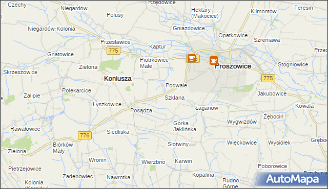mapa Szklana gmina Proszowice, Szklana gmina Proszowice na mapie Targeo