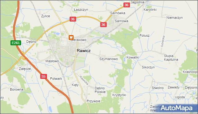 mapa Szymanowo gmina Rawicz, Szymanowo gmina Rawicz na mapie Targeo