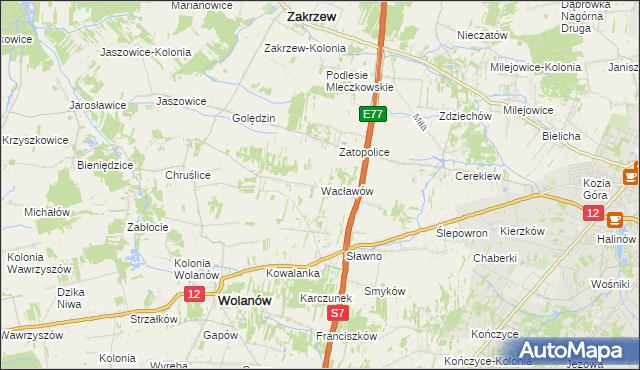 mapa Wacławów gmina Wolanów, Wacławów gmina Wolanów na mapie Targeo