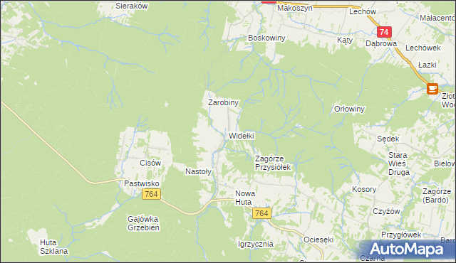 mapa Widełki gmina Daleszyce, Widełki gmina Daleszyce na mapie Targeo