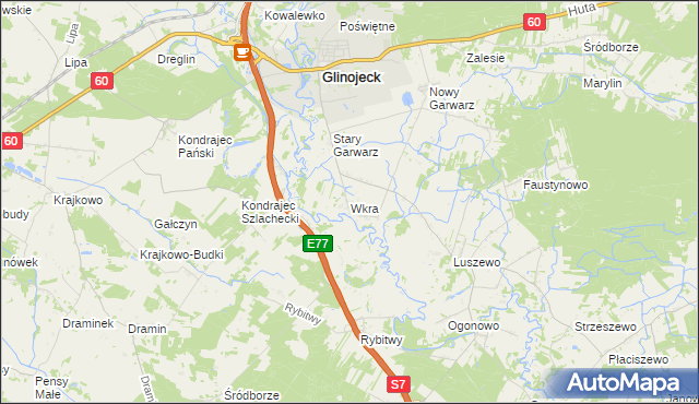 mapa Wkra gmina Glinojeck, Wkra gmina Glinojeck na mapie Targeo
