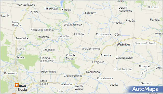 mapa Wojciechowice gmina Waśniów, Wojciechowice gmina Waśniów na mapie Targeo