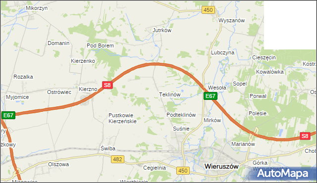 mapa Teklinów gmina Wieruszów, Teklinów gmina Wieruszów na mapie Targeo
