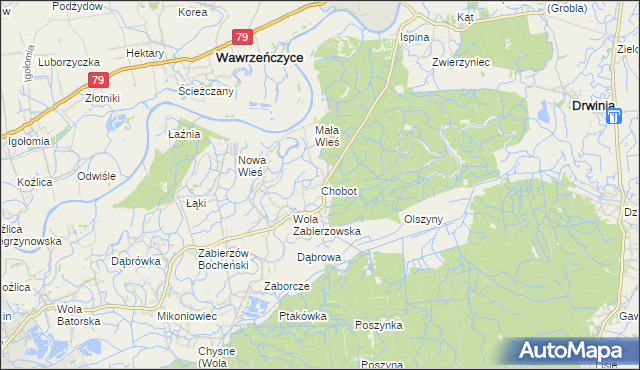 mapa Chobot gmina Niepołomice, Chobot gmina Niepołomice na mapie Targeo