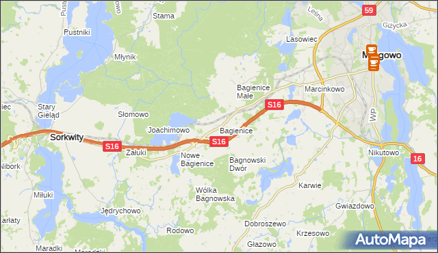 mapa Bagienice gmina Mrągowo, Bagienice gmina Mrągowo na mapie Targeo