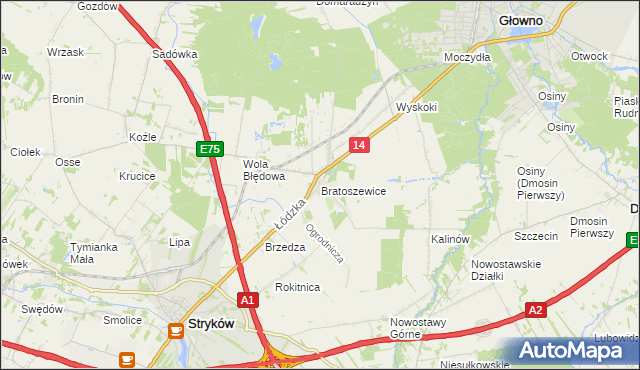 mapa Bratoszewice, Bratoszewice na mapie Targeo