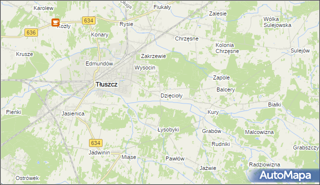 mapa Dzięcioły gmina Tłuszcz, Dzięcioły gmina Tłuszcz na mapie Targeo