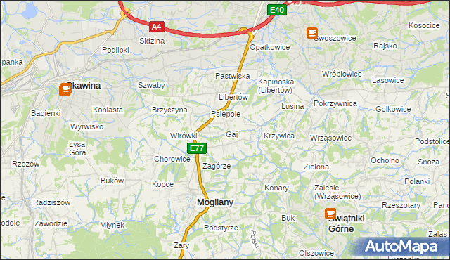 mapa Gaj gmina Mogilany, Gaj gmina Mogilany na mapie Targeo