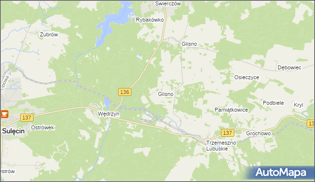 mapa Glisno gmina Sulęcin, Glisno gmina Sulęcin na mapie Targeo