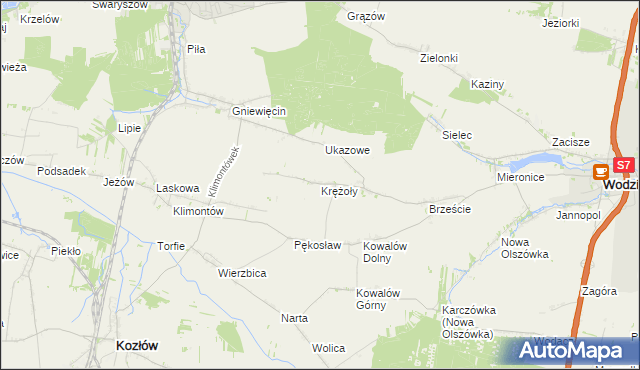 mapa Krężoły gmina Wodzisław, Krężoły gmina Wodzisław na mapie Targeo