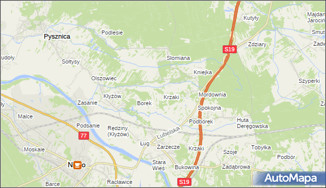 mapa Krzaki gmina Pysznica, Krzaki gmina Pysznica na mapie Targeo