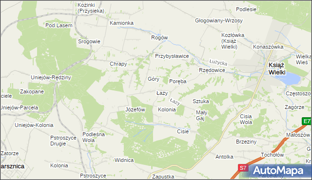 mapa Łazy gmina Książ Wielki, Łazy gmina Książ Wielki na mapie Targeo