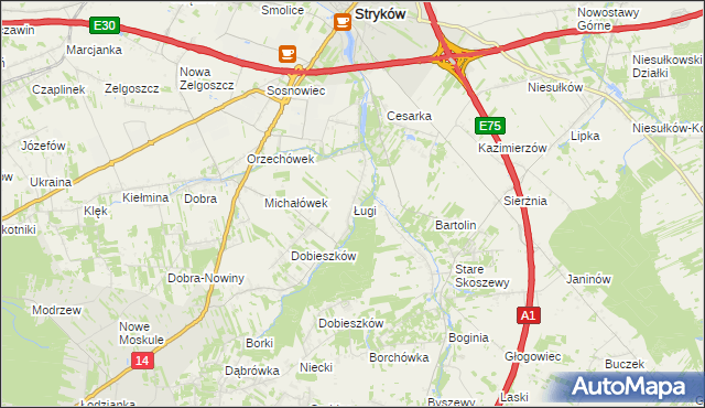 mapa Ługi gmina Stryków, Ługi gmina Stryków na mapie Targeo