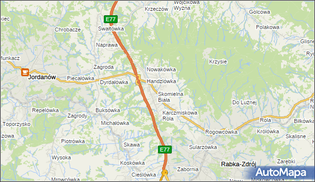 mapa Skomielna Biała, Skomielna Biała na mapie Targeo