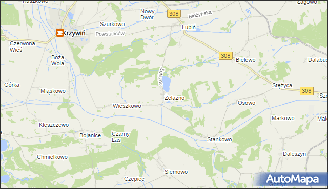 mapa Żelazno gmina Krzywiń, Żelazno gmina Krzywiń na mapie Targeo