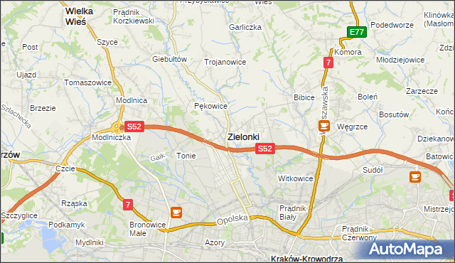 mapa Zielonki powiat krakowski, Zielonki powiat krakowski na mapie Targeo