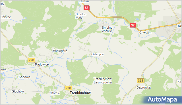 mapa Ostrzyce gmina Trzebiechów, Ostrzyce gmina Trzebiechów na mapie Targeo