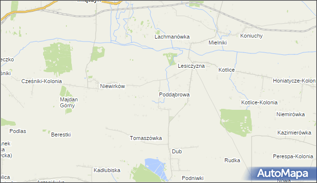 mapa Poddąbrowa gmina Miączyn, Poddąbrowa gmina Miączyn na mapie Targeo