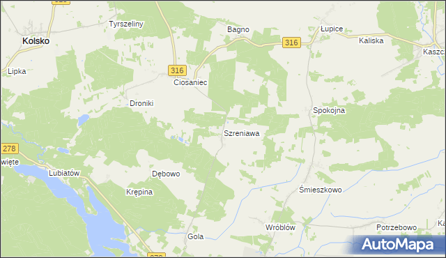 mapa Szreniawa gmina Sława, Szreniawa gmina Sława na mapie Targeo