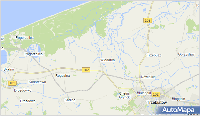 mapa Włodarka gmina Trzebiatów, Włodarka gmina Trzebiatów na mapie Targeo