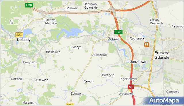 mapa Arciszewo gmina Pruszcz Gdański, Arciszewo gmina Pruszcz Gdański na mapie Targeo