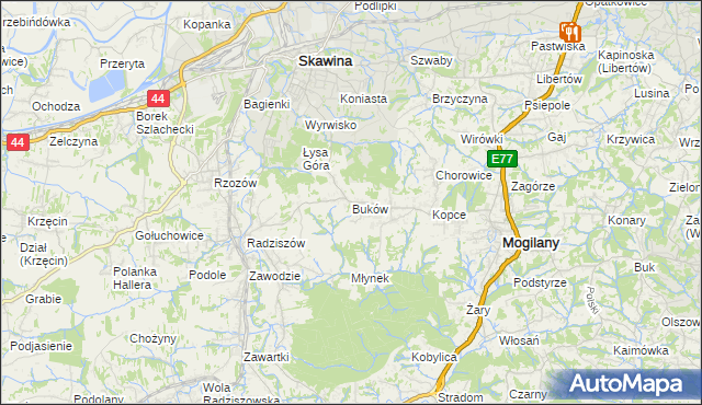 mapa Buków gmina Mogilany, Buków gmina Mogilany na mapie Targeo