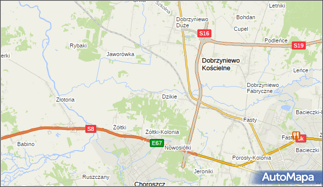 mapa Dzikie gmina Choroszcz, Dzikie gmina Choroszcz na mapie Targeo