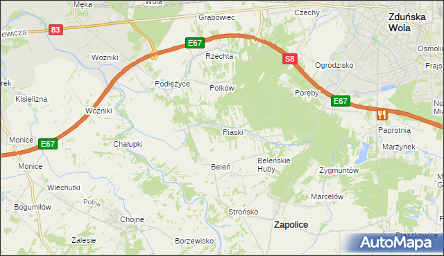 mapa Piaski gmina Zduńska Wola, Piaski gmina Zduńska Wola na mapie Targeo