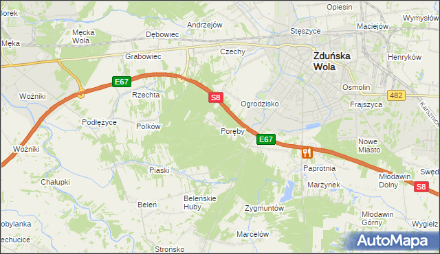 mapa Poręby gmina Zduńska Wola, Poręby gmina Zduńska Wola na mapie Targeo