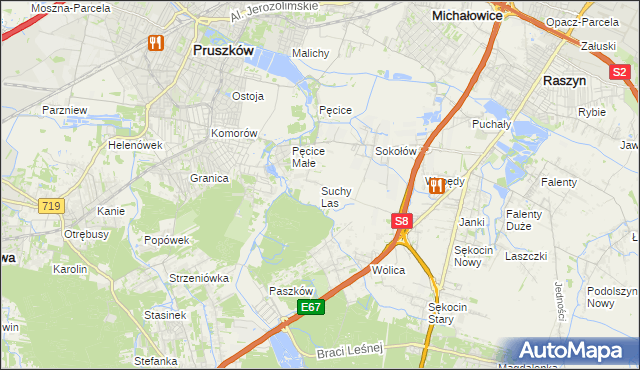 mapa Suchy Las gmina Michałowice, Suchy Las gmina Michałowice na mapie Targeo